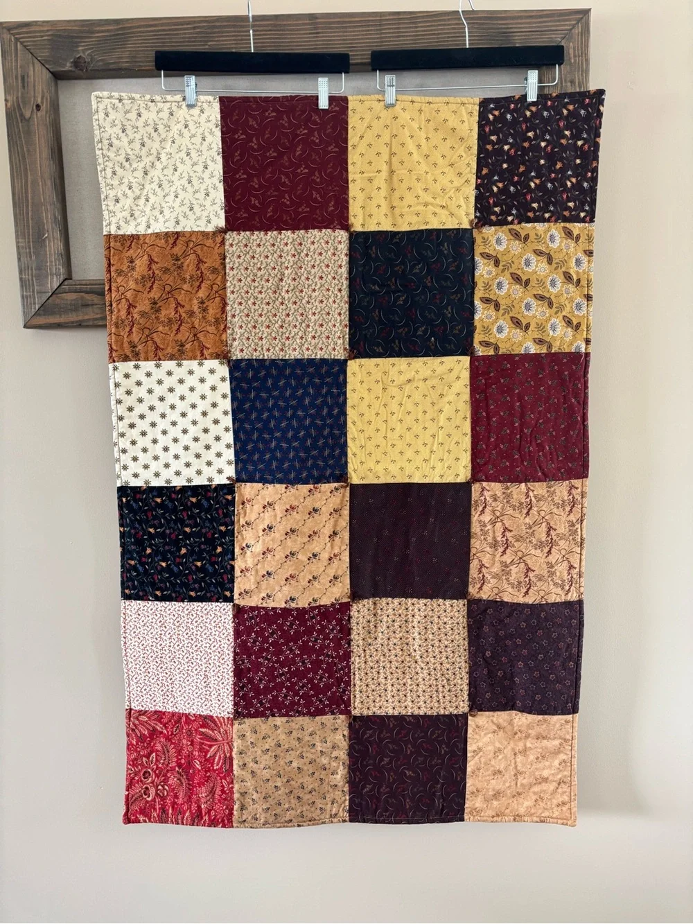 Vintage Patchwork Quilt Throw in Mustard, Burgundy & Navy - Unbranded